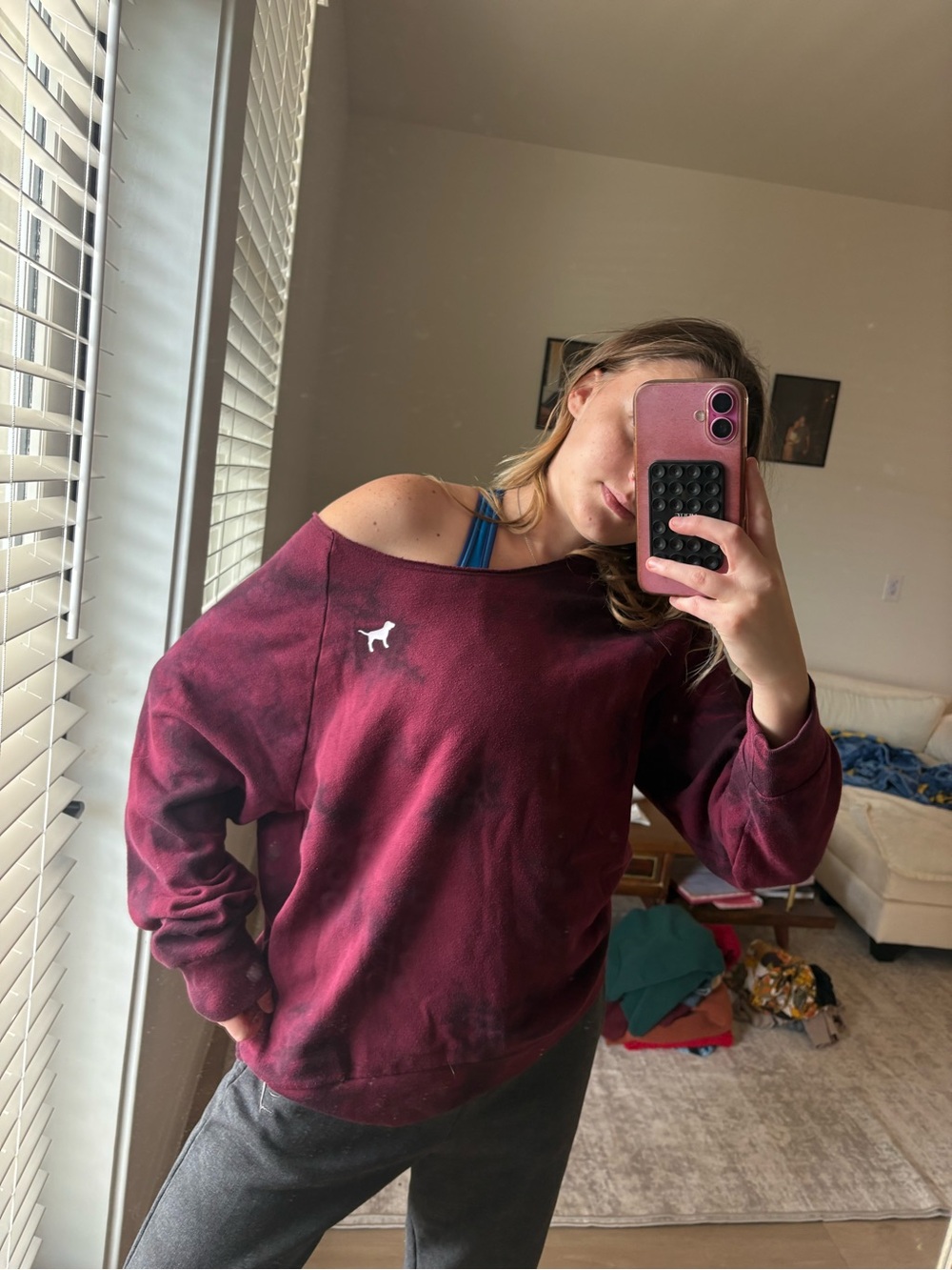 PINK Victoria's Secret Off-Shoulder Burgundy Sweatshirt with White Dog Logo
